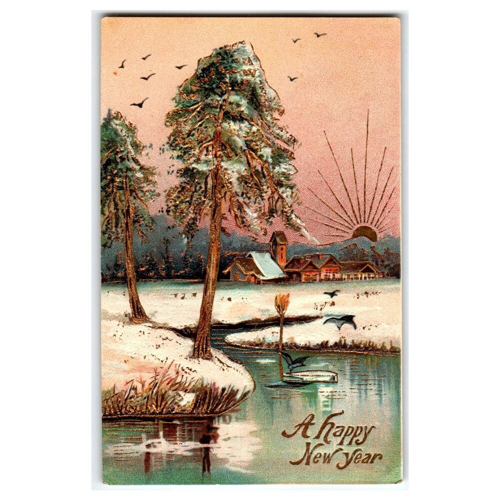 A Happy New Year Winter Scene Postcard 1910 Embossed German Made Swans
